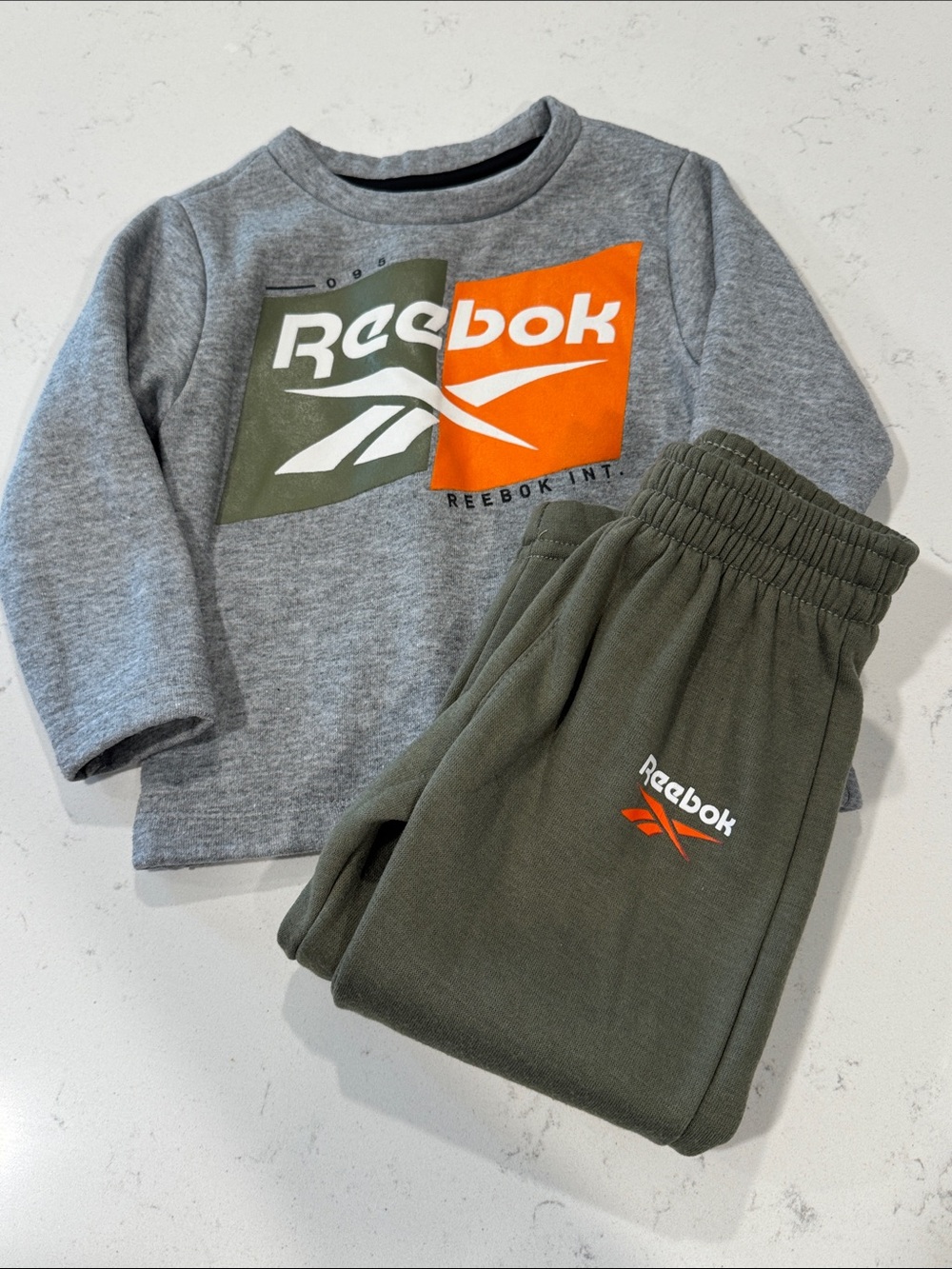 Reebok Gray & Olive Logo Sweatshirt and Joggers Set with Orange Accent